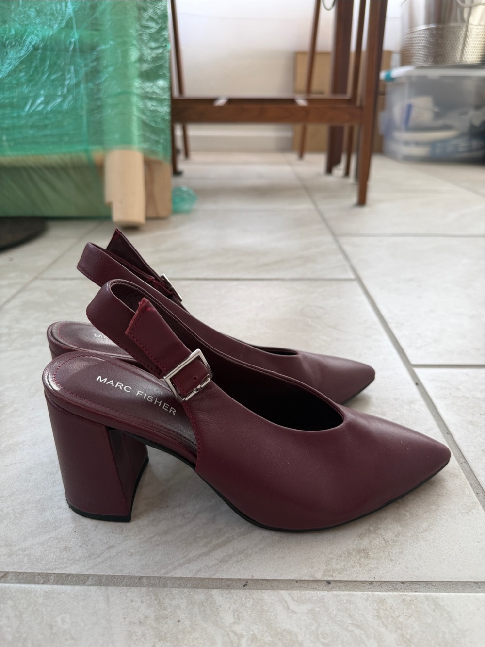 Marc Fisher Burgundy Pointed-Toe Slingback Block Heels